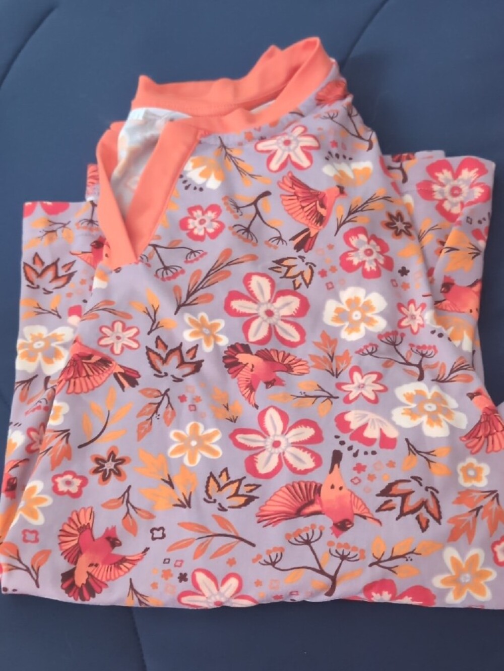 Duluth Trading Co Womens Lavender Long Sleeved PJ Set, Floral Bird Print - Picture 2 of 6